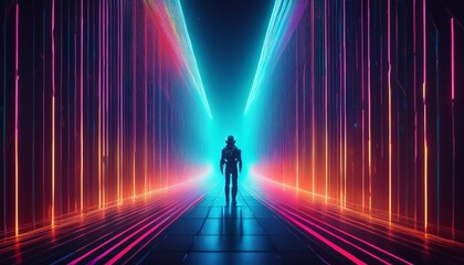 Neon lit hallway with standing figure an enigmatic journey into modernity and mystery
