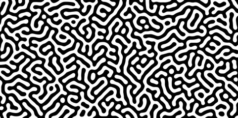 Abstract Turing organic wallpaper with background. Turing reaction diffusion monochrome seamless pattern with chaotic motion. Natural seamless line pattern. Linear design with biological shapes.