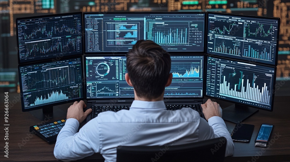 Poster analyzing financial data: business analyst working on laptop with multiple screens showing graphs an