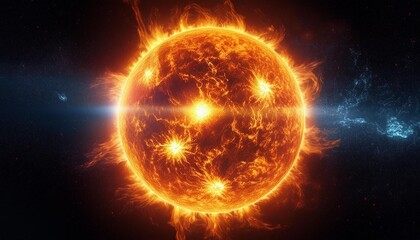 Fototapeta premium Abstract illustration of the sun and Earth in space with glowing, fiery colors