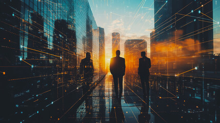 Abstract professional team connecting people of lines from nail node to node on smart digital city landscape and skyline background. Innovation communication network , charts and graphs with statistic