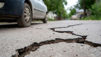 Seismic activity causing deep cracks in urban streets, damaged buildings, chaotic atmosphere, emergency response