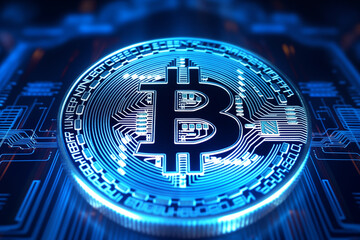 Illuminated bitcoin symbol on blue digital circuit background