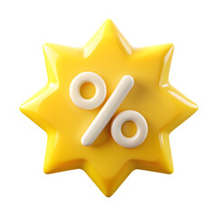 3D Yellow Sunburst with Percentage Symbol. yellow sunburst shape featuring a white percentage symbol at the center.