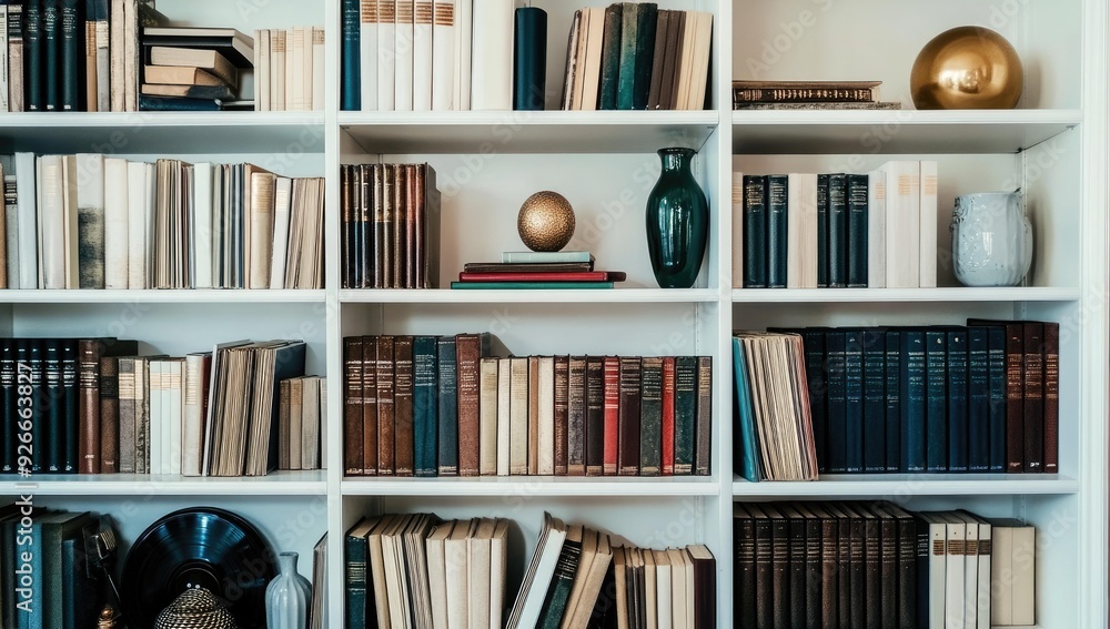 Poster white bookshelf filled with books and decorative objects.