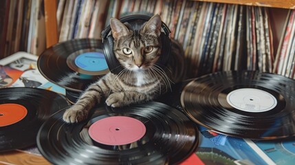 Cat DJ with Vinyl Records