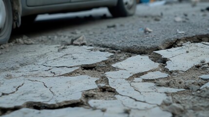 Emergency response team navigating damaged roads after a tremor, cracked pavement, chaotic scene, urgent action