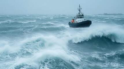 The emergency response team is facing massive ocean waves, extreme danger, turbulent seas, and intense dramatic tension.