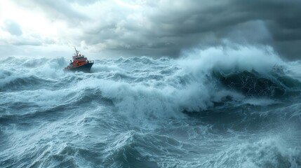 Emergency response team battling massive ocean waves, high degree of danger, turbulent seas, dramatic tension