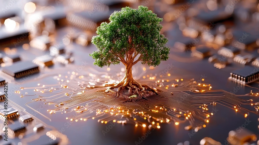 Poster a futuristic tree growing from a circuit board, blending nature and technology in a unique visual re