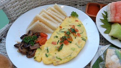 Delicious Omelette Breakfast on Poolside Floating Tray