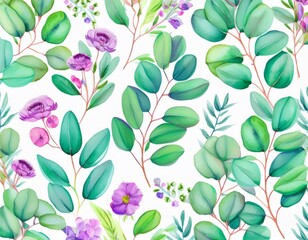 Watercolor eucalyptus leaves and flowers seamless pattern on white background for beauty and art theme