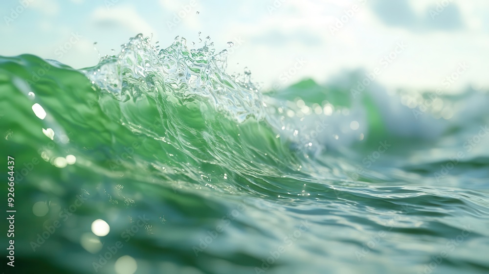 Poster the ocean wave breaks with energy ripples, reflecting sunlight, fracturing light patterns, and movin
