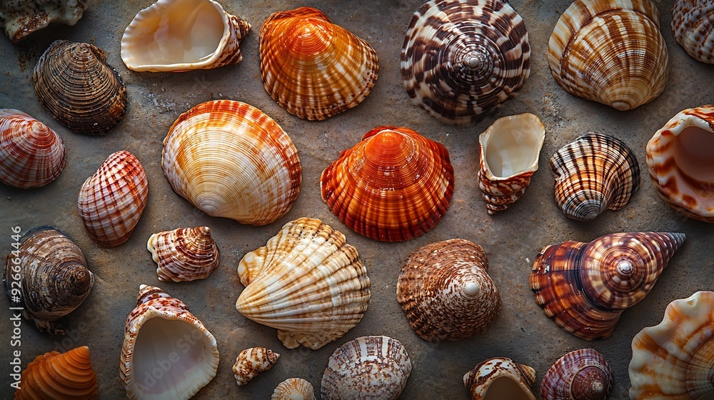 Poster assorted seashells on a rough surface