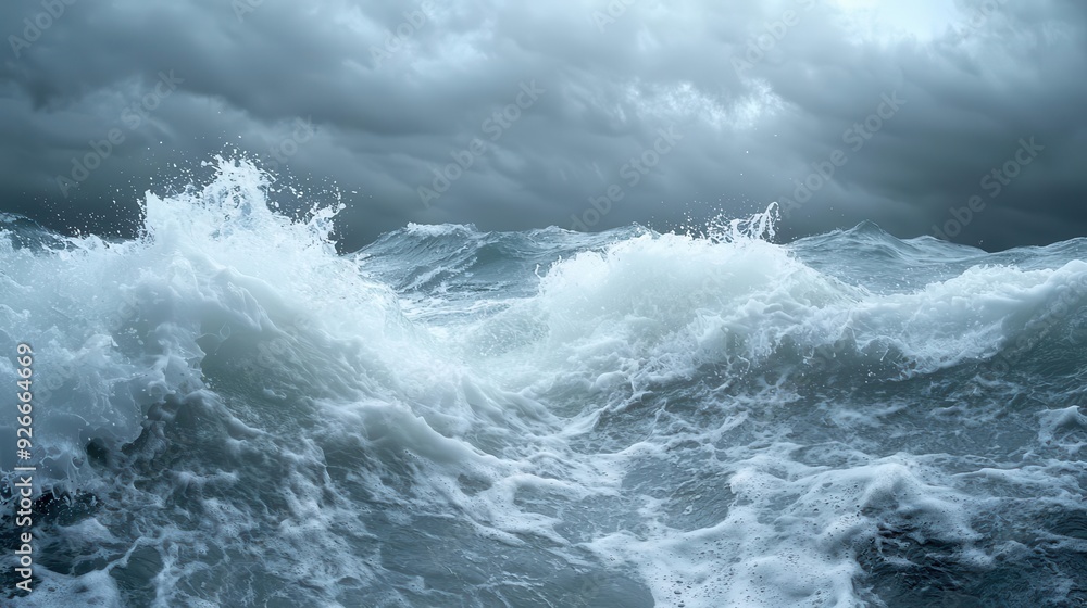 Poster the powerful movement of a series of ocean waves crashing in sequence creates a dynamic energy with 