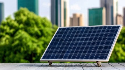 A solar panel on a wooden deck with a city skyline in the background, showcasing renewable energy and modern technology.