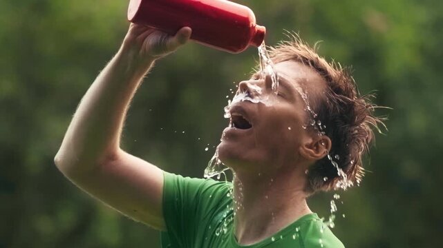 Man pouring water down his head in the heat of summer. Outdoor slow motion shot of a sportsman enjoying the refreshing cool sensation, and then shaking and splashing droplets everywhere