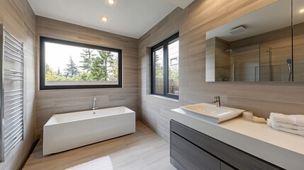 Modern bathroom with white tub, large windows, and wooden vanity.