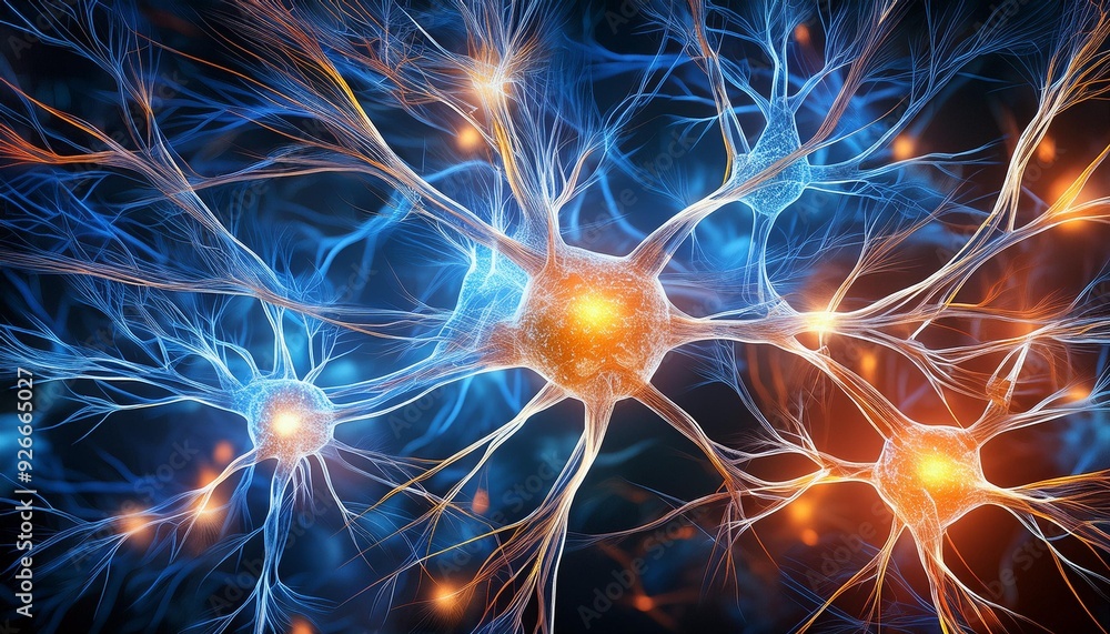 Poster brain neurons illuminated by blue and orange lights insights into neural connectivity and function i