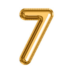 Obraz premium English Number 7 in gold foil balloon isolated on transparent background PNG, 3d golden alphabet