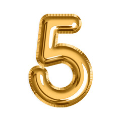 English Number 5 in gold foil balloon isolated on transparent background PNG, 3d golden alphabet