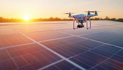 Drone flying over solar panels at sunset.