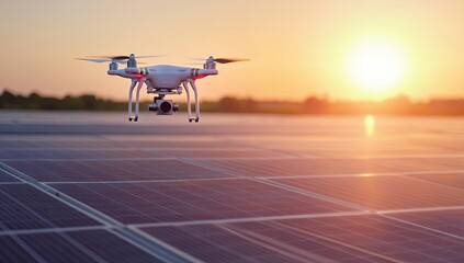 Drone flying over solar panels at sunset.