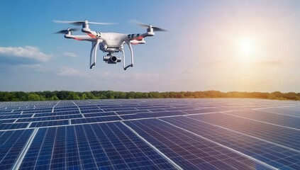 A sleek drone soars over solar panel
