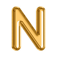 English Letter N in gold foil balloon isolated on transparent background PNG, 3d golden alphabet