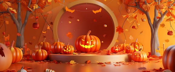 Obraz premium Halloween pumpkins on wooden platform with fall leaves, glowing orange, autumn.