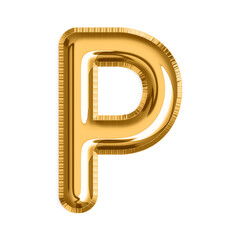 English Letter P in gold foil balloon isolated on transparent background PNG, 3d golden alphabet