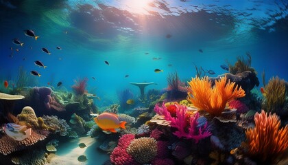 Underwater scene with vibrant coral reefs, tropical fish, and diverse marine life on ocean floor