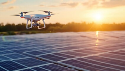 Drone flying over solar panels at sunset.