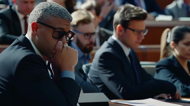 Concerned witness wearing sunglasses listening to testimony in courtroom