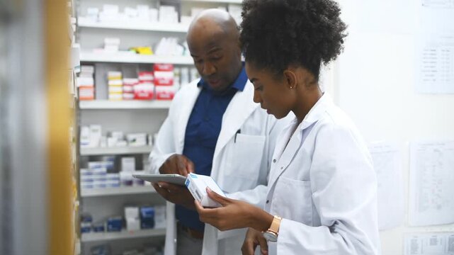 Black people, pharmacist and tablet with box on shelf for medication, inventory inspection or dispensary at drugstore. African man, woman or medical team with technology checking stock at pharmacy