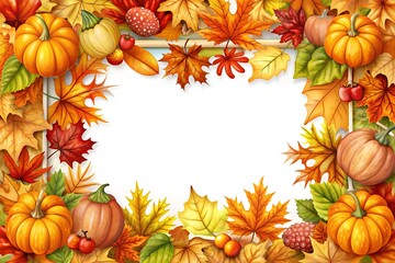an autumn clipart in a frame. autumn leaves and stems wrapping around the frame with autumn gifts of nature