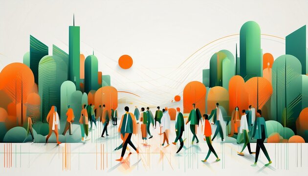 Crowd of people walking on white surface with green and orange hues in urban cityscape movement illustration