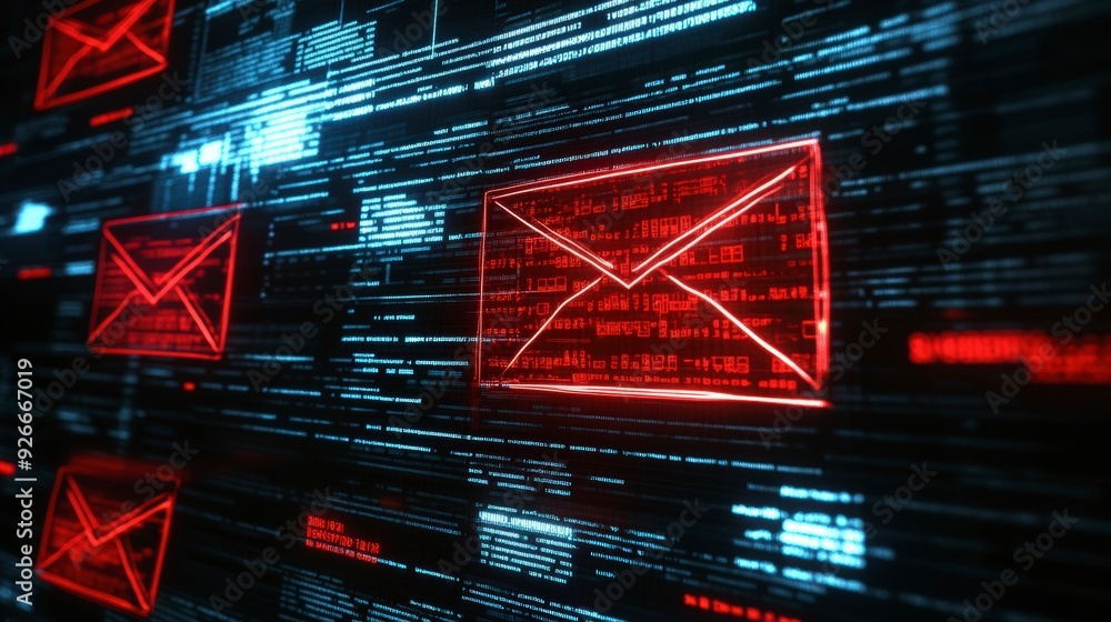 Poster cyber security awareness - user's email inbox highlighting phishing and scam emails, emphasizing the