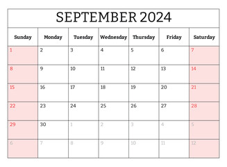 September 2024 ENGLISH month calendar. Vector printable illustration. Monthly planning for your business events