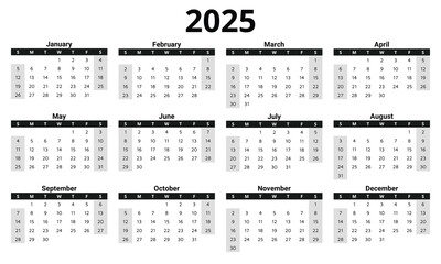 2025 english vector calendar: Modern, clean design with 12 months. Customizable for digital or print use. 