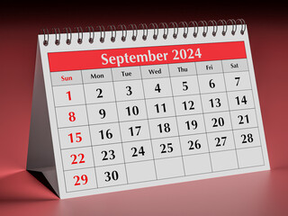 September 2024 calendar. One page of annual business desk monthly calendar