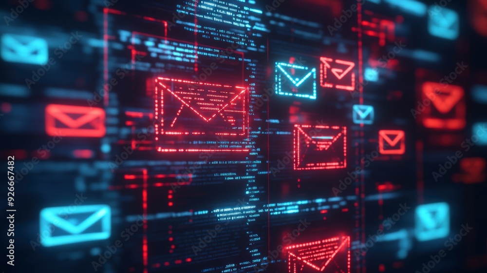 Poster cybersecurity alert - user's email inbox with phishing and scam emails, emphasizing vigilance for on