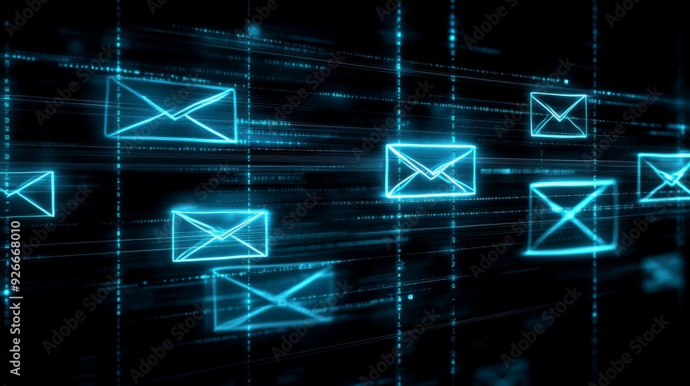 Poster cybersecurity alert: email inbox with phishing and scam messages, emphasizing vigilance and security