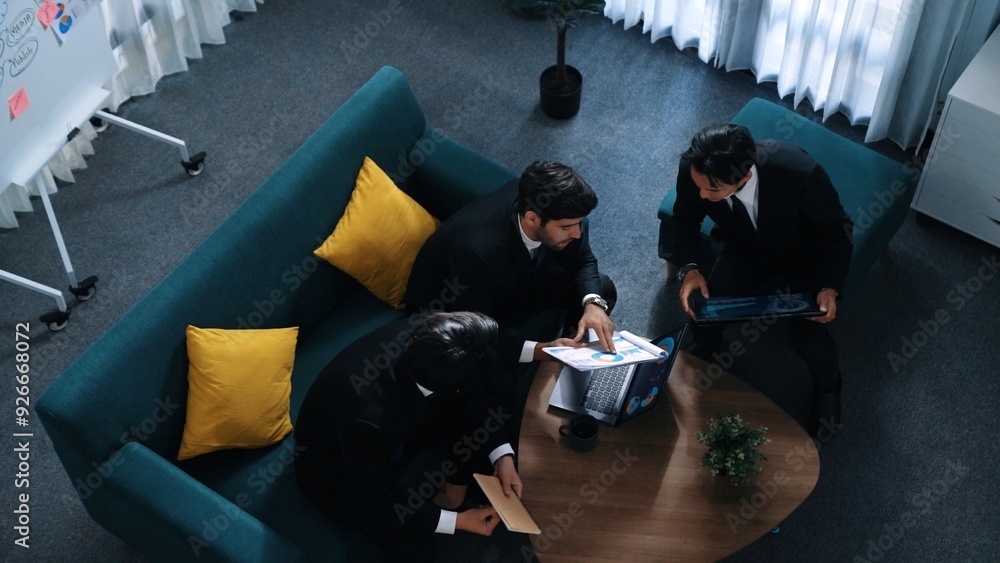 Poster top view of investor hold financial chart while attend in meeting while manager discuss marketing st