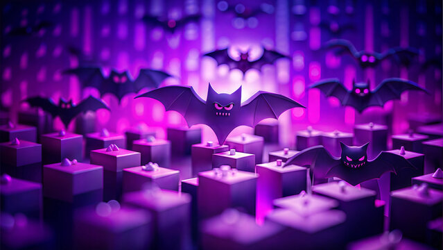Evil bats soaring over a purple futuristic cityscape, abstract Halloween background