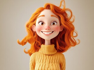 A happy cartoon girl with red curly hair wearing a yellow sweater.