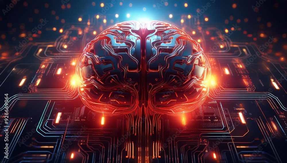 Poster artificial intelligence brain technology integration with electronic circuit board and glowing red l