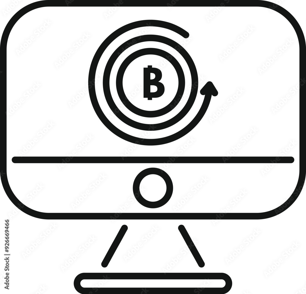 Poster line art vector icon of a computer screen showing a rotating bitcoin cryptocurrency with an up arrow