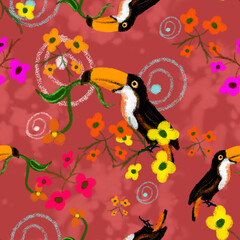Toucans sitting on floral branches seamless pattern on blue watercolor background