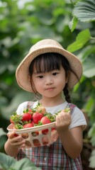 AI generator image of Girl happily picking strawberry in the field, strawberry in the countryside, good weather	 